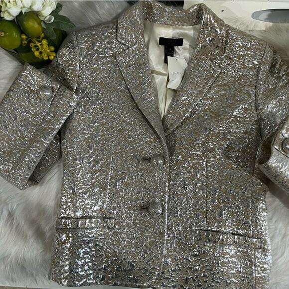 NEW J. Crew Wool Metallic Silver Brocade Jacquard Career Suit Blazer Jacket RARE - Picture 7 of 15